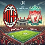 Ilustrasi pertandingan sepak bola antara AC Milan dan Liverpool di San Siro, Milan.